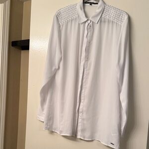 Guess padded and studded shoulder sheer White Button-Up blouse